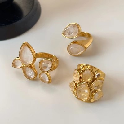 Natural Crystal Ring For Women Brass Gold Plated Water Droplet Trendy Jewelry