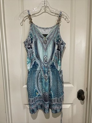NEW ETCYY Beach Boutique Blue & White Peacock Pockets Boho Short Halter Dress
