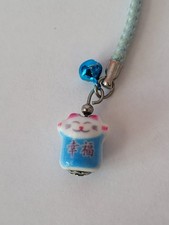 Japanese Ceramic Maneki Neko Lucky Cat Phone Charm Keyring Keychain Cute