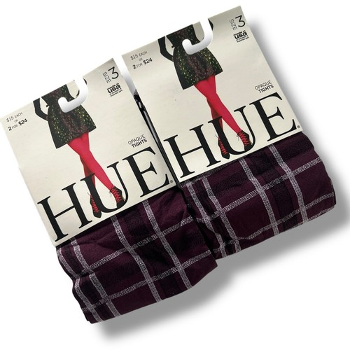 HUE Women’s Burgundy Plaid Tights 2 Pair Size 3