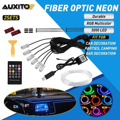 Set of 2 26FT RGB LED Car Interior Atmosphere Fiber Optic Neon Wire Strip Light