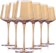Physkoa Amber Colored Wine Glasses Set 6-16oz Stemmed Modern Universal, 