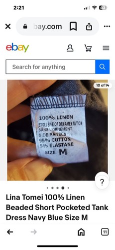 Vestido sin mangas Lina Tomei 100 % lino con cuentas con bolsillos cortos azul marino talla M elástico - Imagen 8 de 10