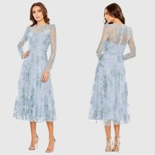 Mac Duggal Powder Blue Embellished Illusion Long Sleeve Midi Dress Size 20 $598