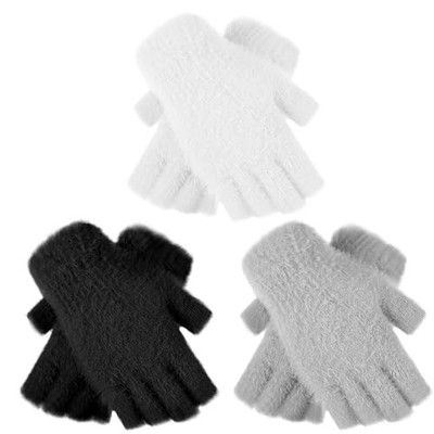 Geyoga 3 Pairs Women Fur Fingerless Gloves Winter Half Finger Black,white,gray