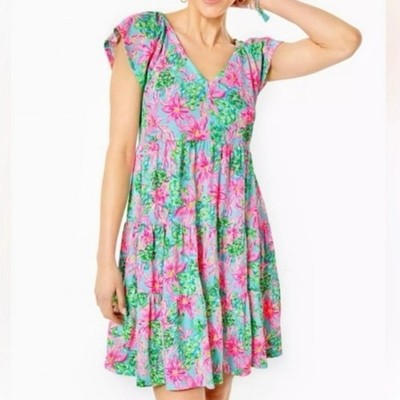 Lilly Pulitzer Kawai Flutter Sleeve Tiered Swing Dress Me and My Alibi Size M