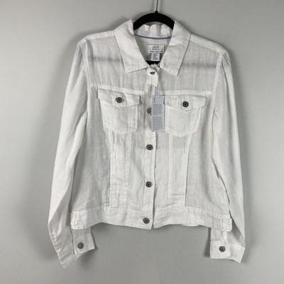 Jones New York 100% Linen Trucker Jacket Size Medium White Button Front