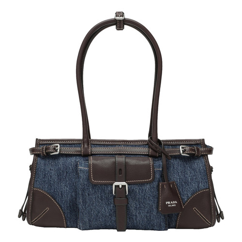 PRADA $3550 Bonnie Medium Blue/Coffee Denim & Leather Top Handle Bag New & Authe