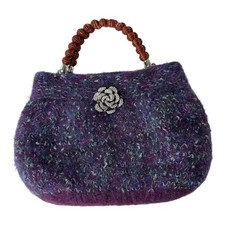 Vintage Purple Knit Handbag Rhinestone Rose Clasp Beaded Handle Evening Bag
