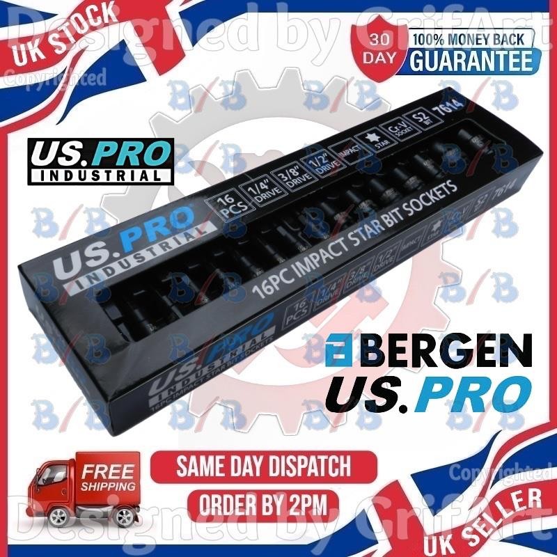 US PRO INDUSTRIAL 16PC 1/4"" 3/8"" 1/2"" DRIVE IMPACT TORX SOCKET BIT SET T6 TO T70