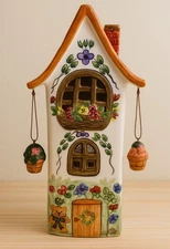 Ceramic Cottage House Tea Light Candle Holder - w/ Hanging Flower Baskets