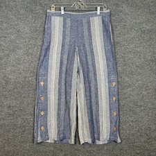 J Jill Pants Womens Medium Blue Striped Wide Leg Crop Linen Blend Lagenlook Boho