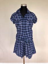 Express Blue Plaid Button Down Tie Waist Shirt Dress Womens Small Country