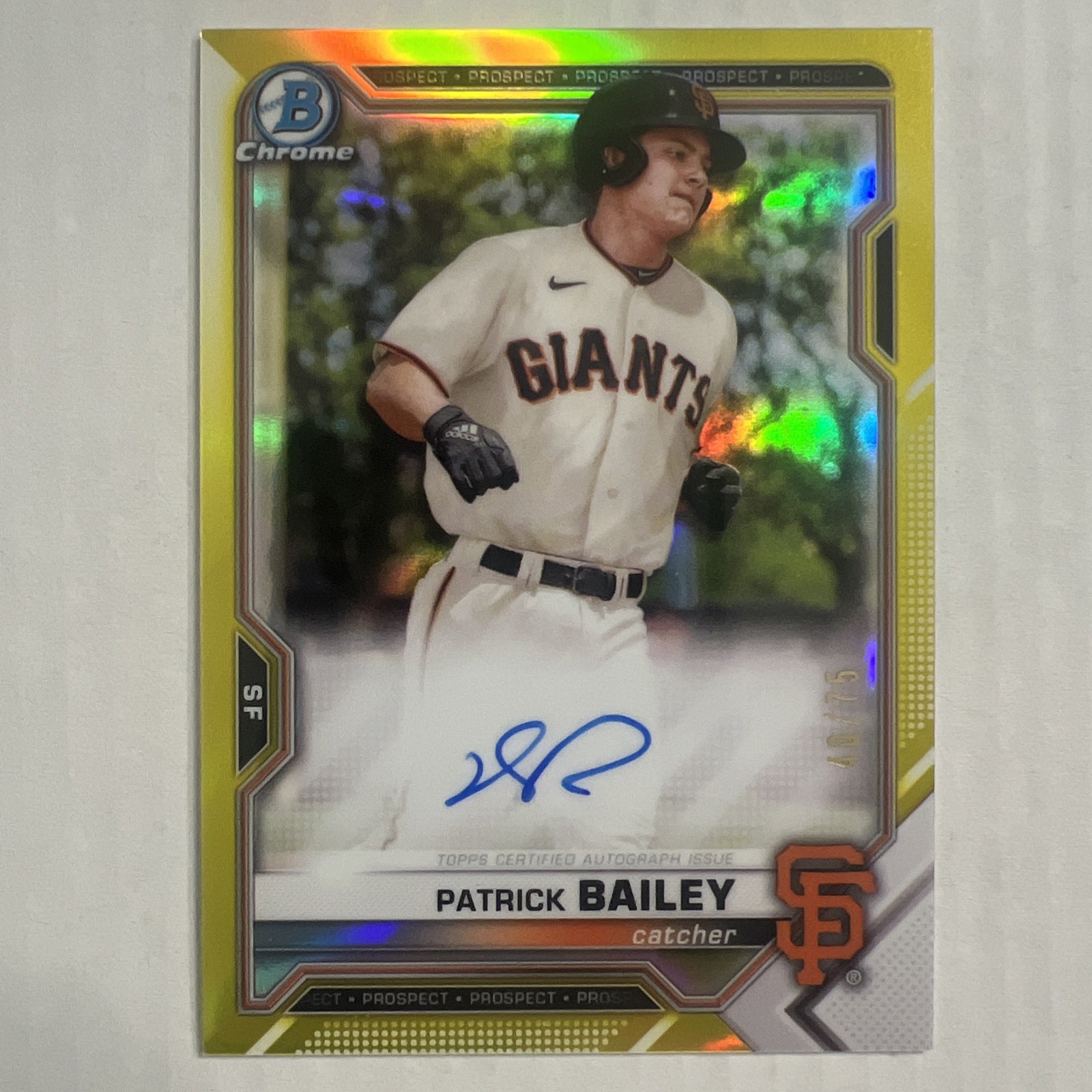 2021 Bowman Chrome Prospects Patrick Bailey #CPA-PB yellow Refractor /75 Auto