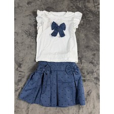 Young Girls 2-Piece Ruffle Top and Bow Print Skirt Set White Blue Size 7Y