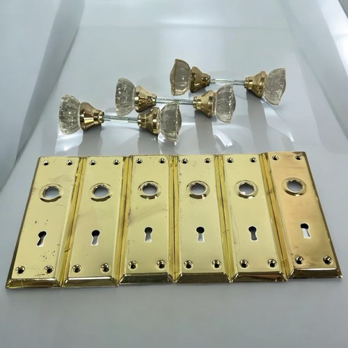 3 Vintage Antique 12 Point Crystal Clear Glass Door Knobs W/ Brass Back Plates.