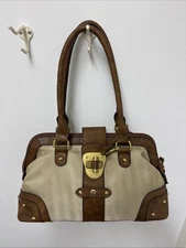 Etienne Aigner Handbag Brown Faux Leather Trim Dual Strap Zip Closure Twist Lock