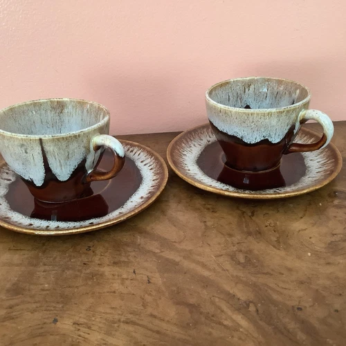 Lot Of 2 Brown Drip Glaze Coffee Tea Cups With Saucers Vintage