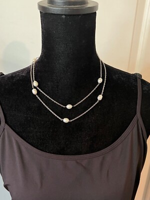 Sterling Silver 925 Freshwater Pearl Long Station Necklace 36