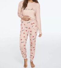 NEW Victoria's Secret PINK Cozy Sleep Shirt  Jogger Set Pink Cherry XS S