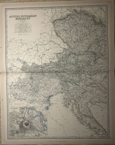 1881 Western Austria Hungary Empire Large Hand Coloured Antique Map by Johnston