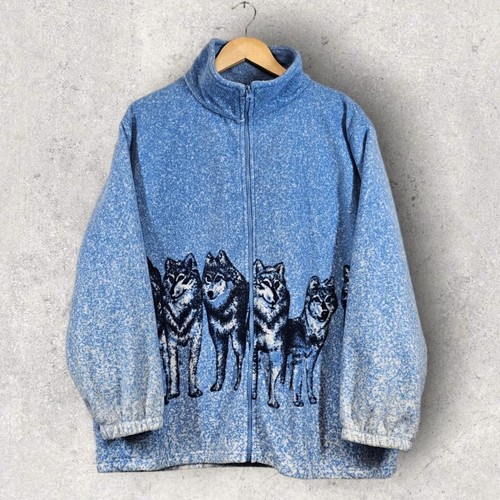 VTG wolves in the snow animal print zip up fleece jacket L eBay