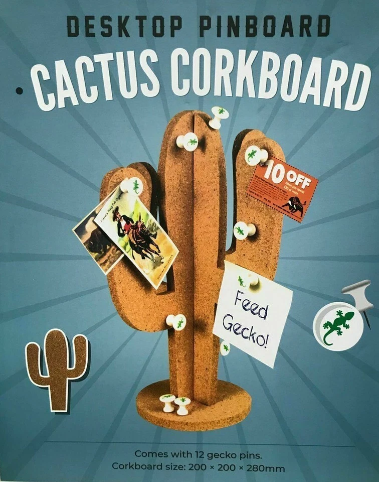 Desktop Cactus Bulletin Board Cork Board Notes Holder 12 Pushpins Gecko Pins - Image 2 of 2