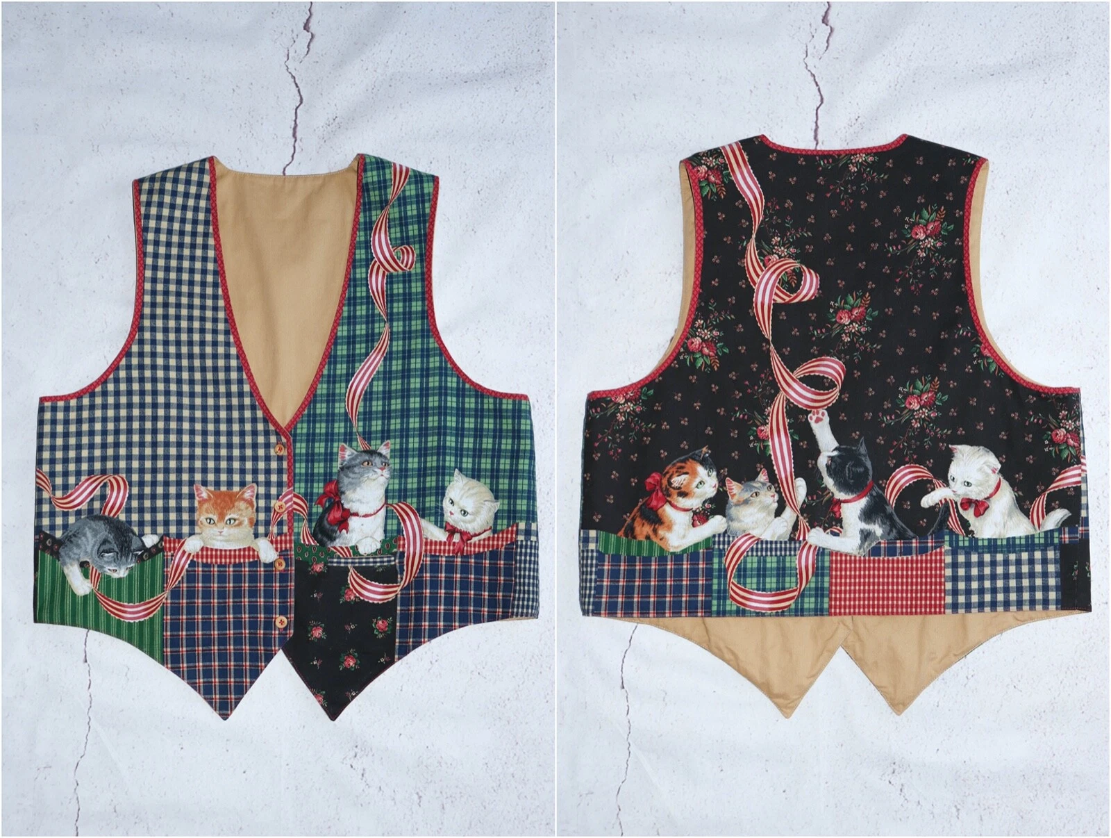 Vintage Cats Kittens Printed Graphics Plaid Check Waistcoat Vest Size fits L-XL