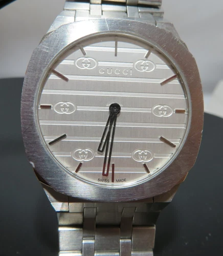 Gucci 25H 34mm Watch with Silver Dial, 6.75" long YA163402 New Battery(133472-1)