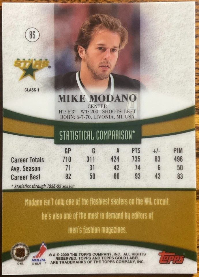1999-00 Topps Gold Label Class 1 Mike Modano #85 Dallas Stars - Image 2 of 2