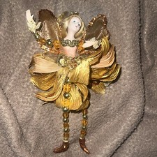 Golden Beaded Flower Angel. Ornament 7 And Half Inches