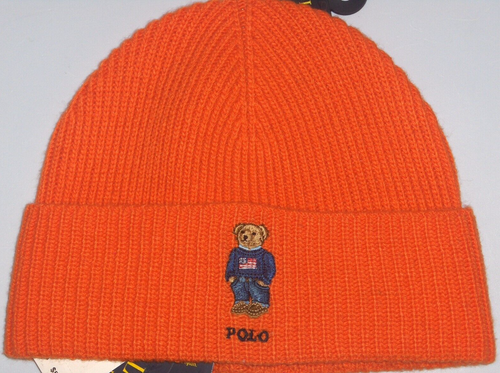 POLO RALPH LAUREN Men's Rib Knit USA BEAR Beanie Hat Trawler Ski Cap ORANGE, nwt - Picture 1 of 9