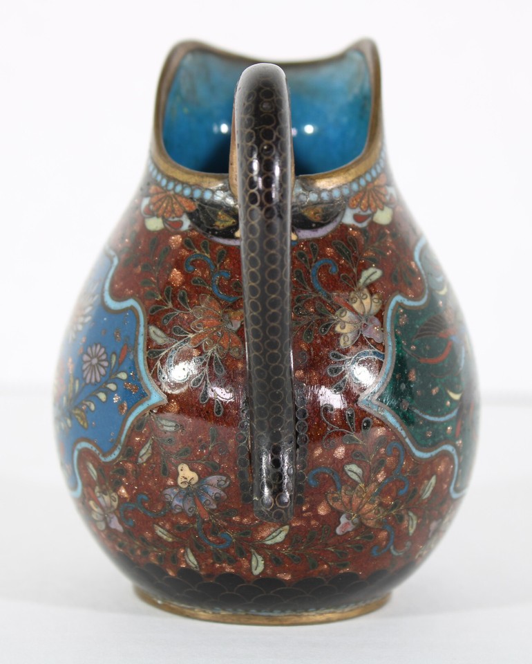 Fine 3.75" Japanese Cloisonne Meiji Tea Creamer Pitcher Flower Hoho