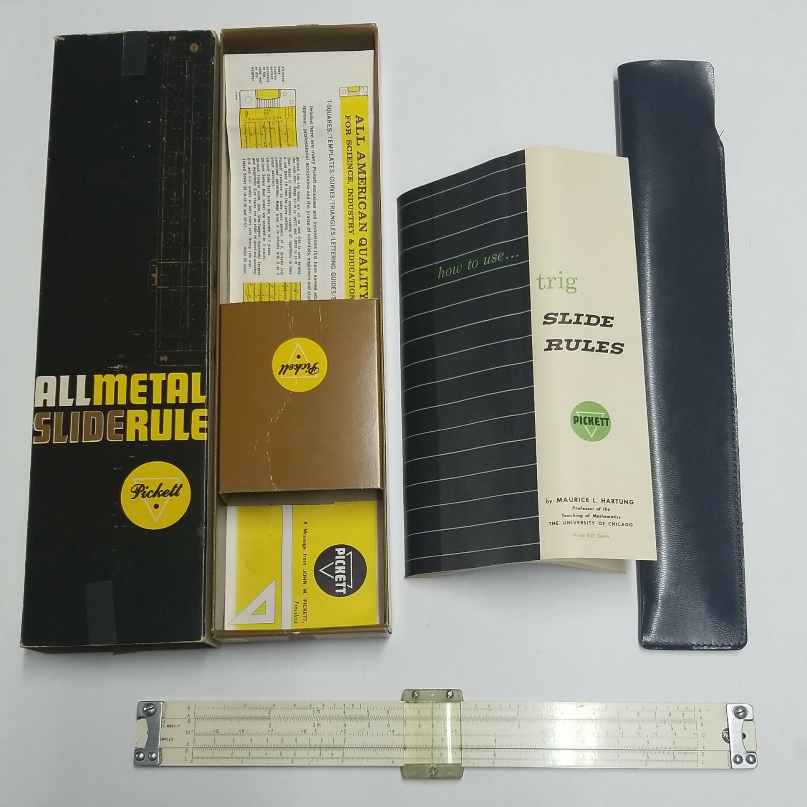 Slide Rule Pickett All Metal N902-ES Original Box Instructions,Case Simplex Trig