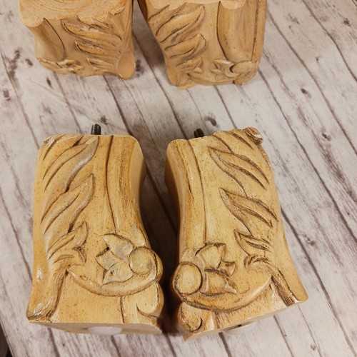 VTG Carved Block Wood Finished Blonde 4 Furniture Legs Screw On Floral/Palm 5" - Picture 3 of 9