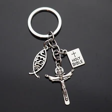 Jesus on the Cross Fish Christian Holy Bible Charms Keychain Gift Key Chain Ring
