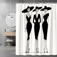 Elegant Black Shower Curtain with Chic Fashion Illustrations