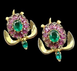 Authentic Twin Turtle Brooch Set Purple Green Glass Gold Plated Unsigned Designer High End