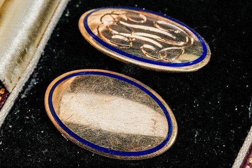Refined 14K Gold Antique RL Monogram Blue Enamel Cufflinks Estate Jewelry - Picture 7 of 18