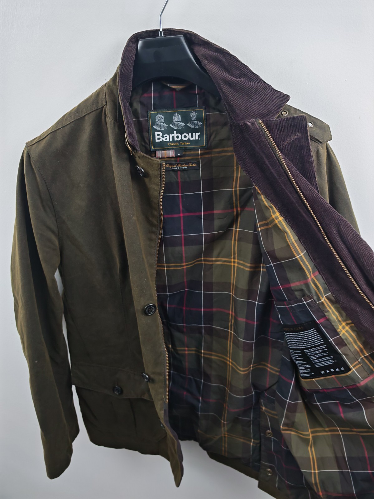 Barbour Lutz Olive Waxed Cotton Jacket Men's Size L Large Classic Tartan image 6