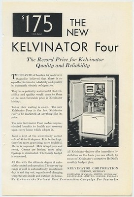 Kelvinator Four Refrigeration Record Price Quality Reliability 1929 Vintage Ad