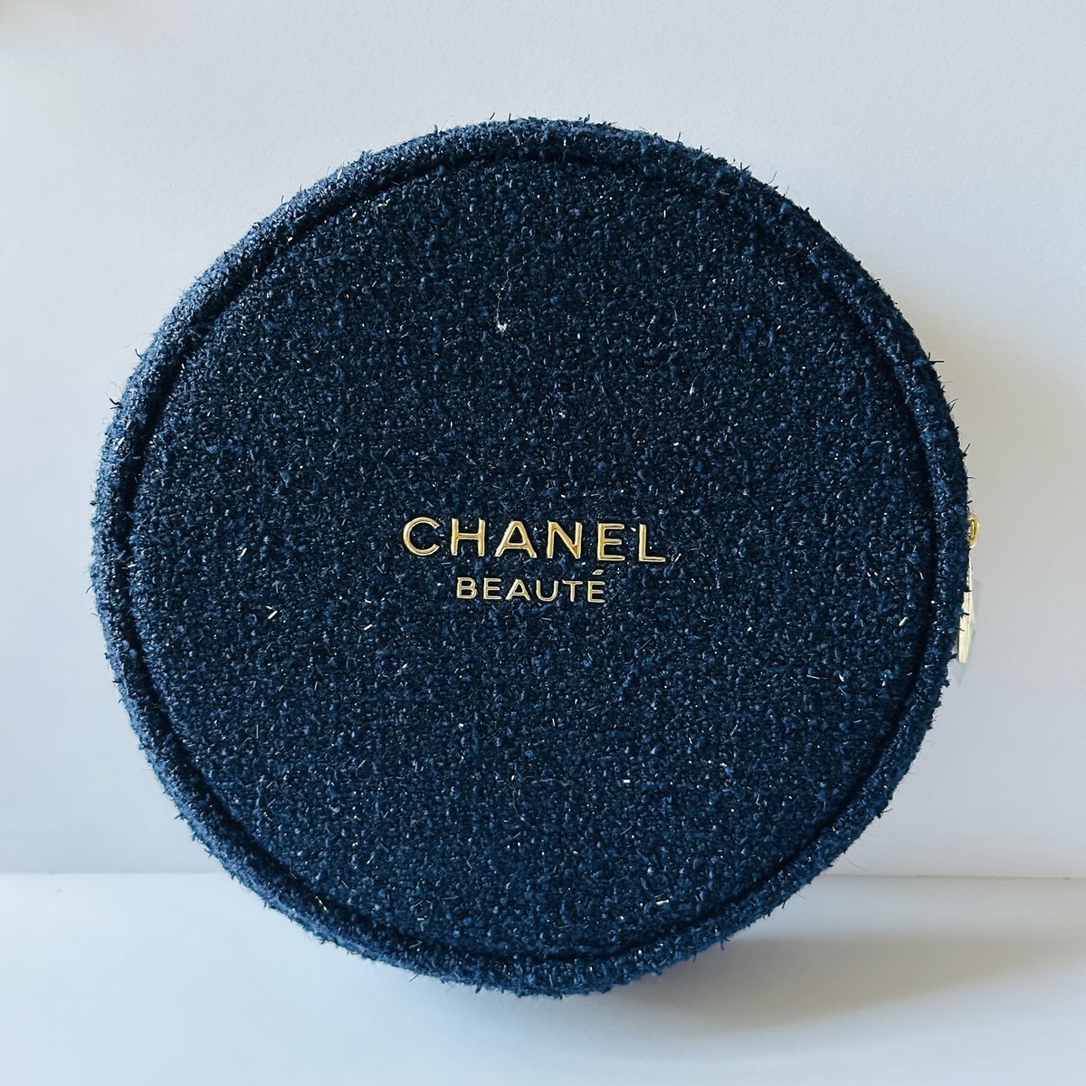 CHANEL GWP Beauty Line Tweed Round Blue Holiday Pouch w/Box