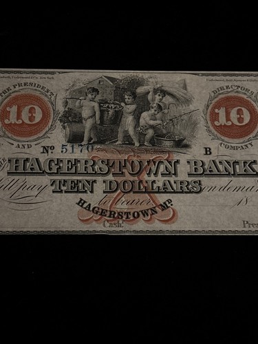 1800’s Hagerstown Bank Hagerstown Maryland $10 Obsolete Banknote Currency - Picture 3 of 9