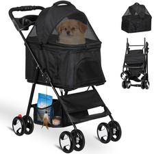 Pet Stroller Folding for Travel W/ Detachable Carrier Swivel Front Wheels Black