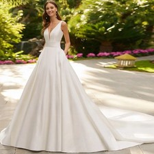 Simple V-Neck Satin Wedding Dress for Bride A-Line Bridal Gown with Pockets Bow