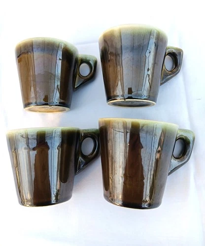 Vintage Pfaltzgraff Copper Green Drip Coffee Tea Mugs Cups Set Of 4