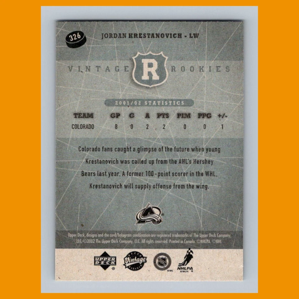 Jordan Krestanovich #326 2002-03 Upper Deck Vintage Colorado Avalanche Hockey - Image 2 of 3