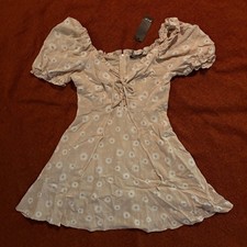 Nasty Gal Daisy Lace Up Puff Sleeve Mini Dress Sand Beige Size US 8