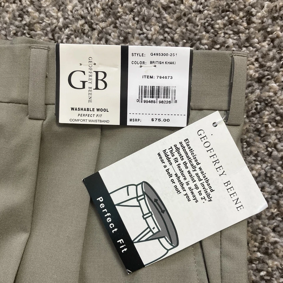 Pantalones Geoffrey Beene Hombre 36x30 Caqui Británico Plisado Lavable Lana Ajuste Perfecto Foto 4 de 4