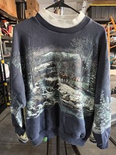 VTG 90 s Art Unlimited Winter Deer/Snow Scene Sweatshirt Pockets USA Size Large